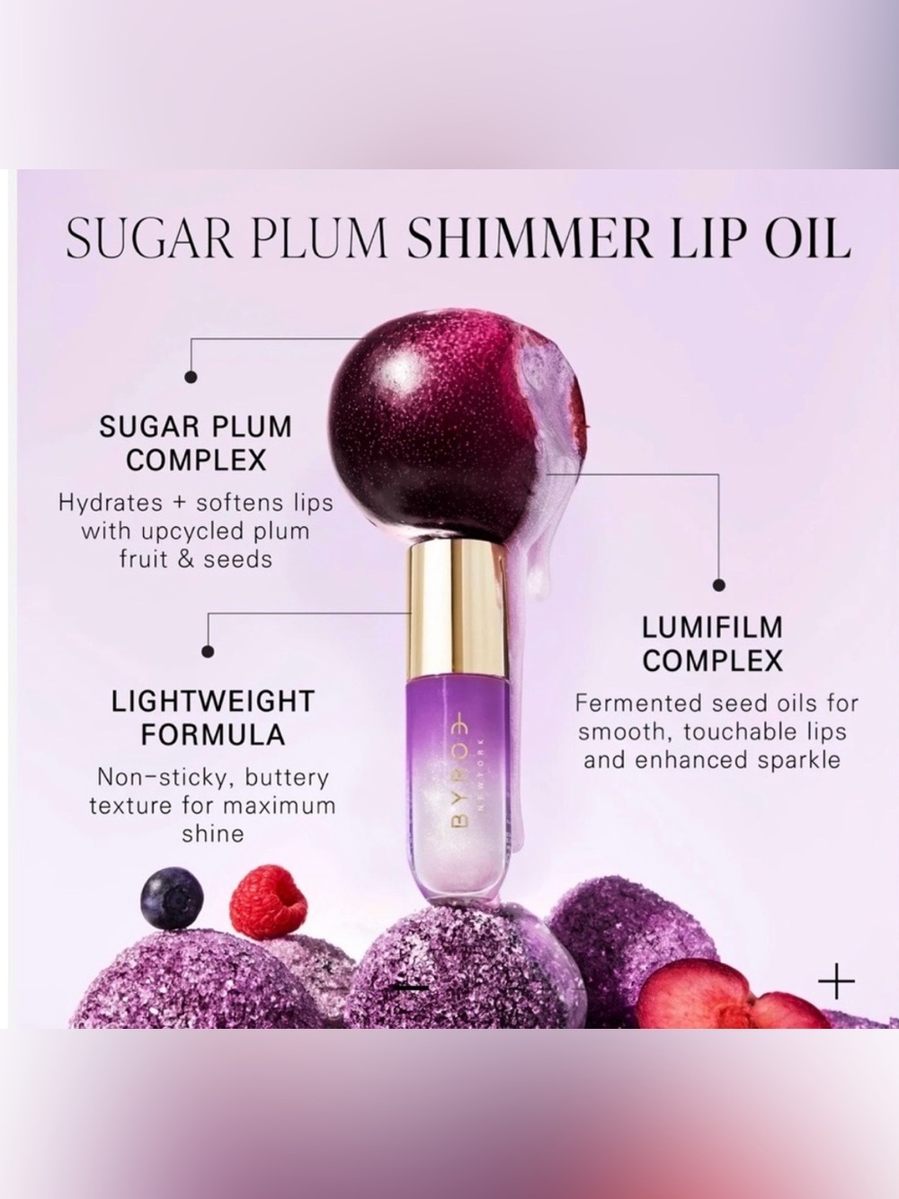 BYROE Sugar Plum Shimmer Lip Oil 3.7 mL – Vegan Hydrating Gloss – New In Box - Picture 5 of 6